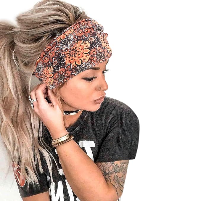 1 Pack Boho Headbands Stretch Paisley Print Bandana Headband Criss Cross Hair Bands Knotted Head Wrap Yoga Daily for Women and Girls (Tangerine)