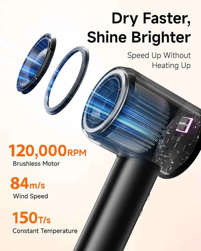 PLUZZ Professional Hair Dryer with Diffuser for Curly Hair, 400M Negative Ionic Blow Dryer for Fast Drying, 120,000 RPM High-Speed Brushless Motor, Low Noise Lightweight, Travel-Friendly (Black)