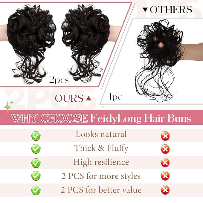 2PCS Messy Bun Hair Piece Tousled Updo with Tendrils Wavy Curly Hair Bun Scrunchies Ponytail Extension Elastic Band Hairpieces For Women (Dark Brown)