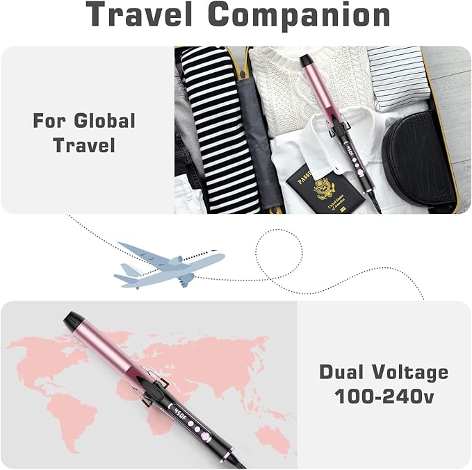 1 1/4 inch Curling Iron, Dual Voltage Hair Curling Iron Heat up to 450°F, Professiona Curling Wand Ceramic Tourmaline(Rose Gold)