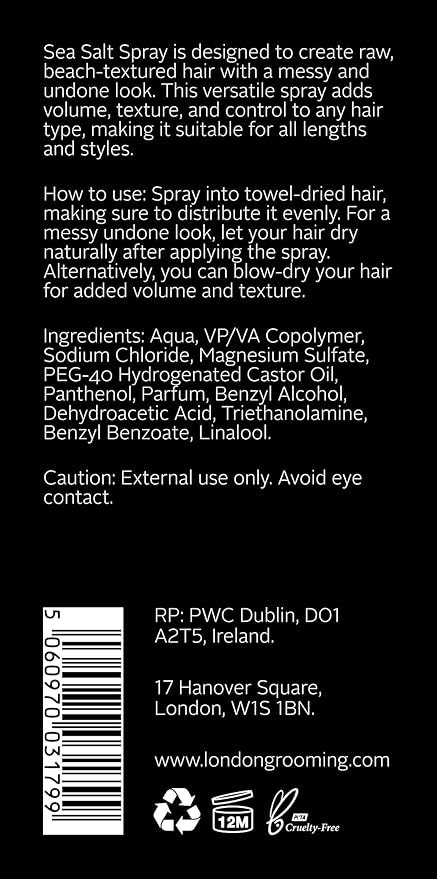 The London Grooming Company Sea Salt Hair Spray for Men | Messy/Textured Look | Firm All-Day Hold - Matte Finish | 8.8 Fl Oz (250ml)