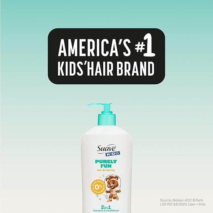 Suave Kids Purely Fun 2 in 1 Shampoo and Conditioner with Oat & Honey, Tear-Free, Hypoallergenic, Gentle Hair Care for Kids with Sensitive Scalps, 6 Count, 18 FL OZ