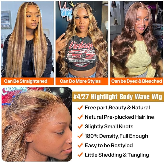13x5 Honey Blonde Ombre Lace Front Wigs Human Hair Pre Plucked with Baby Hair 180 Density 4/27 Highlight Colored Body Wave Hd Frontal Wigs Human Hair 28 Inch