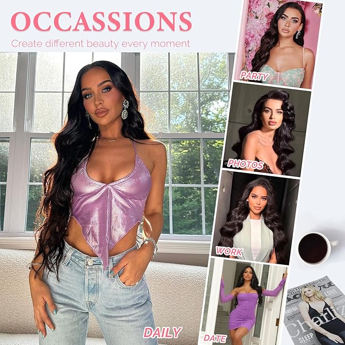 Vigorous Dark Brown Hair Extension 24InchLong Clip in Hair Extensions 4Pcs Thick Long Wavy Synthetic Hairpieces for Women