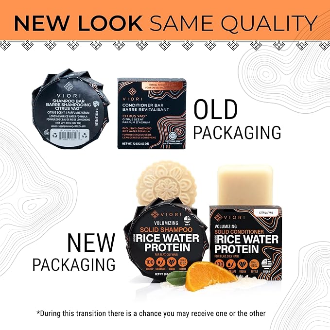 Viori Citrus Yao Shampoo and Conditioner Bar Set Made with Rice Water - Handcrafted Sulfate Free Shampoo and Conditioner