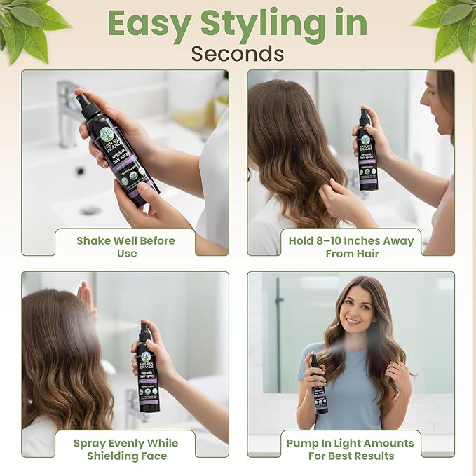 Nature's Brands Organic Hair Spray, 8 Oz - Biotin-Enriched Non Toxic Hairspray with Green Tea, Sage & Geranium Oil for Long-Lasting Hold, Shine, Frizz Control, and Volume Boost - Paraben-Free, Vegan