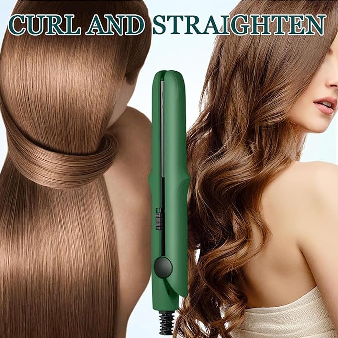 2 in 1 Mini Curling Iron, Hair Straightener, Dual Purpose Travel Curling Wand for All Hair Types Including Short & Long Hair, Portable Styling Tool with Constant Temperature (Mint Green)