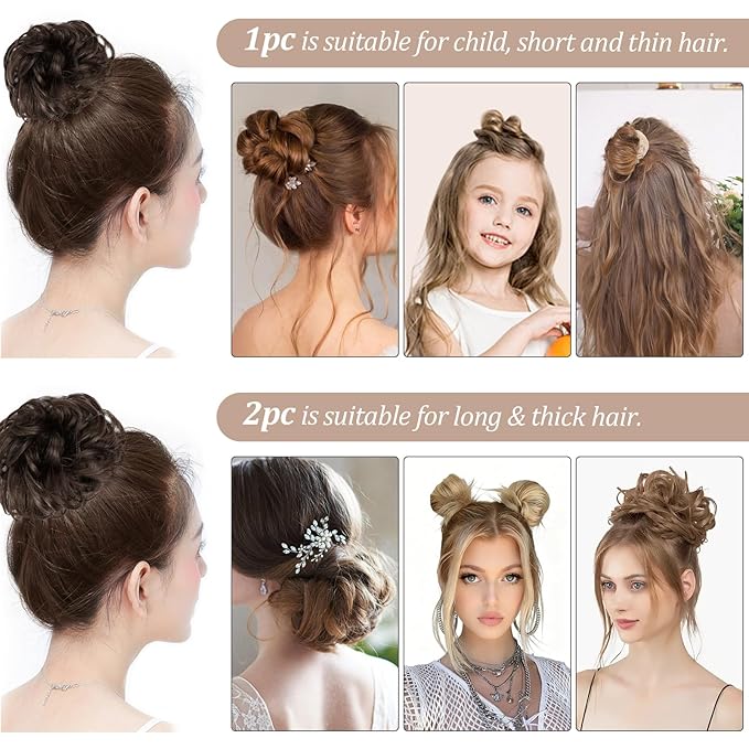 2PCS Messy Bun Hair Piece Extensions - Heat Resistant Synthetic Curly Hairpieces Elastic Scrunchie for Women Updo Ponytail Buns -Wavy Fake Wig Hairpiece for Daily, Party, Wedding(Black)