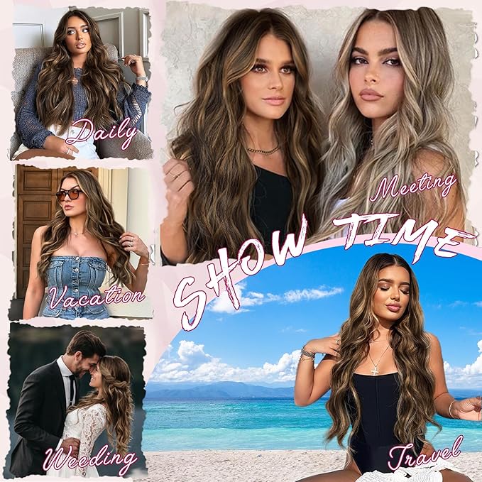 Vigorous Clip in Hair Extensions 4PCS Brown mixed Long Wavy Hair Extension 24Inch Soft Synthetic Hairpieces for Women