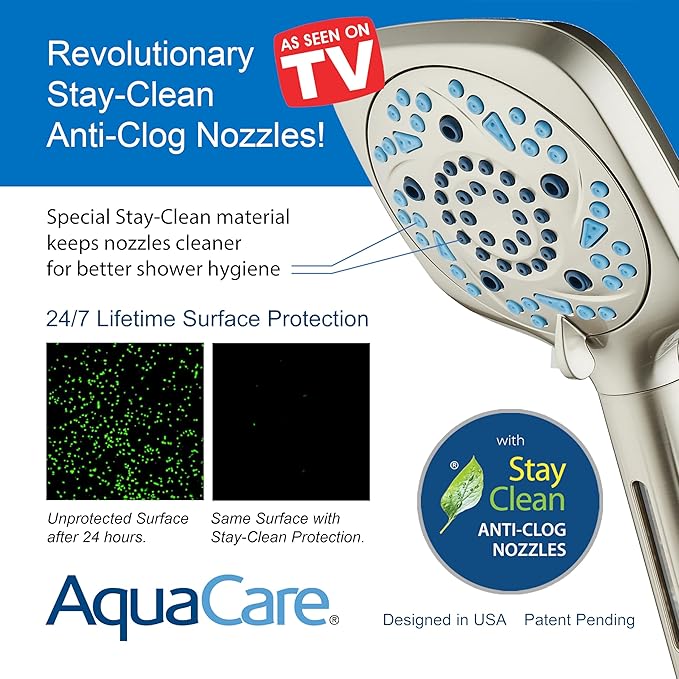 AquaCare High Pressure 10 Spray Mode Filtered Showerhead - Handheld Shower Head Filters Chlorine to Heal Dry Skin, Revive Hair - Dual Power Wash Cleans Tub, Tile, Pets - Hard Water Softener, Nickel