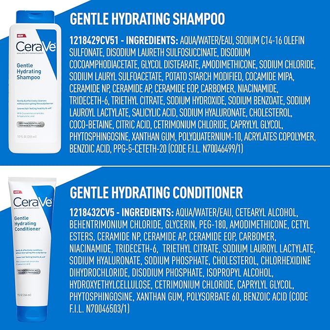 CeraVe Gentle Hydrating Shampoo and Conditioner Set, With Ceramides, Niacinamide & Hyaluronic Acid For Soft, Healthy Looking Hair & Scalp, Sulfate Free & Color Safe, For All Hair Types