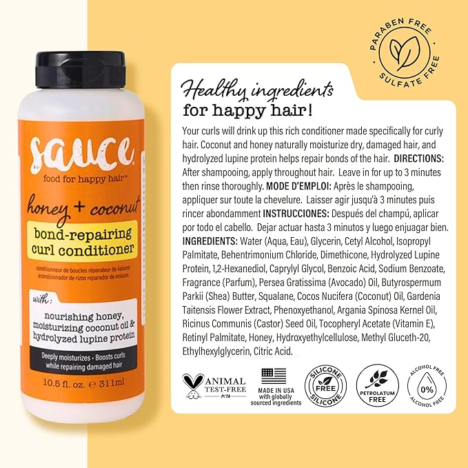 SAUCE Honey + Coconut Bond Repair Curly Hair Conditioner, 10.5 Fl Oz, Controls Frizz, Helps Repair Damage & Reduce Breakage with Lupine Protein & Squalane, No Sulfates & Parabens