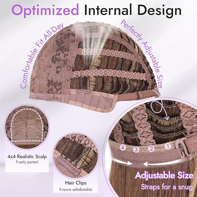 Long Light Brown mix Blonde Highlights Wig with Bangs for Women,4x4 Realistic Scalp,Free Parting,Layered Hairstyle Synthetic Heat Resistant for Daily Party Use 26 inch