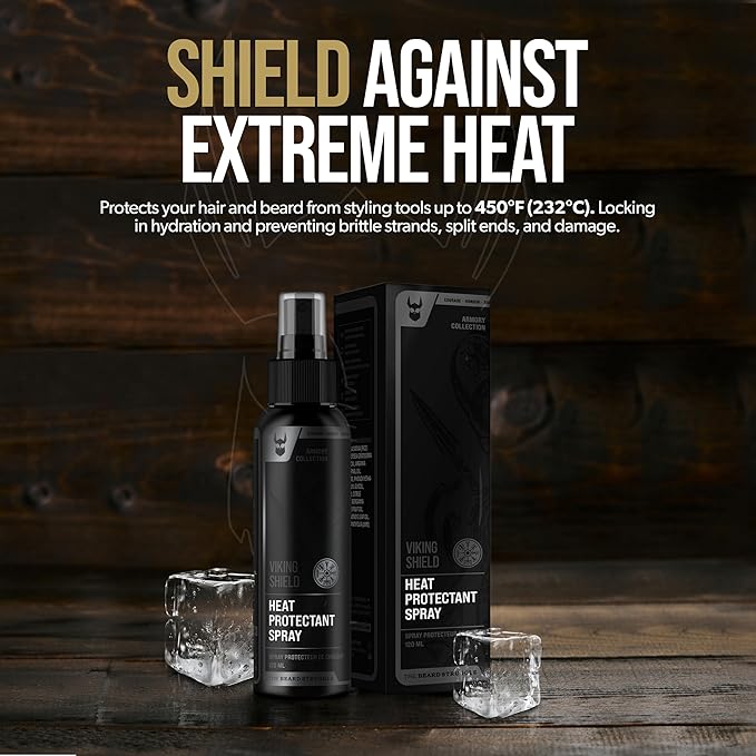 Beard & Hair Heat Protectant Spray - Viking Shield Beard Spray for Men, Protects Hair from Heat Damage of Straightener and Styling - Argan Oil Thermal Protector Spray - Protect Up To 450º F - 4 Fl Oz