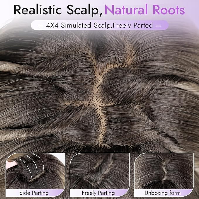 Long Chocolate Brown with Gray White Highlights Wig with Bangs for Women,4x4 Realistic Scalp,Free Parting,Layered Hairstyle Synthetic Heat Resistant for Daily Party Use 26 inch