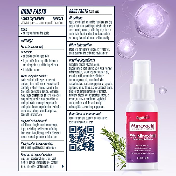 Women's 5% Minoxidil Spray for Hair Growth: 2-Pack RootStim Extra Strength Minoxidil with Rosemary & Biotin for Thinning Hair Regrowth and Fuller Hair - 60ML Each