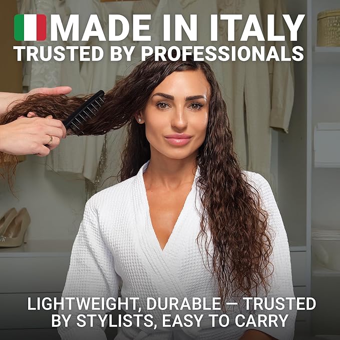 Janeke J-Brush Detangling Comb for Curly and Wavy Hair – Wide Tooth J-Shape Brush for Wet and Dry Use – Anti-Frizz, Lightweight and Gentle on Scalp – Made in Italy Professional Styling Tool (Black)