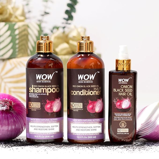 WOW Skin Science Onion Black Seed Oil Shampoo & Conditioner Treatment Set with Oil for Strong, Soft & Shine Hair for All, Dry, Damaged Hair Types, Sulfate, Paraben, Silicone Free