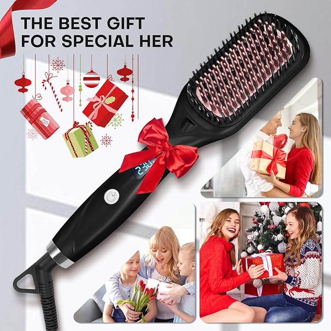 Hair Straightener Brush- Hair straighteners for Women, Ceramic Ionic Straightener Comb with Less Frizz | 20s Fast Heating | 2 in 1 Flat Iron Brush Dual Voltage Travel, Black