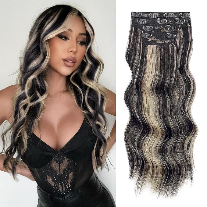 Vigorous Clip in Hair Extensions 20 Inch Black Mix Blonde Long Hair Extensions Clip Ins 4PCS Soft Synthetic Hairpieces for Women