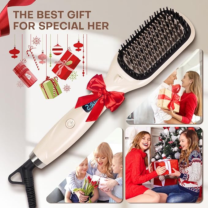 Hair Straightener Brush- Hair straighteners for Women, Ceramic Ionic Straightener Comb with Less Frizz | 20s Fast Heating | 2 in 1 Flat Iron Brush Dual Voltage Travel, Champagne