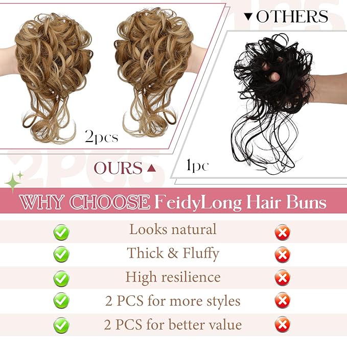 2PCS Messy Bun Hair Piece Tousled Updo with Tendrils Wavy Curly Hair Bun Scrunchies Ponytail Extension Elastic Band Hairpieces For Women (Ash blonde mix Ginger Brown)