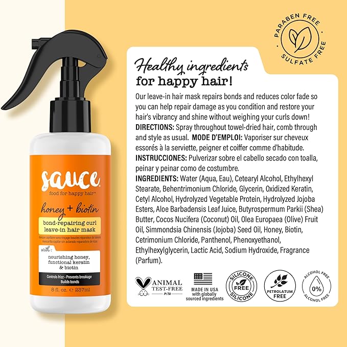 SAUCE Honey + Biotin Bond Repair Hair Mask for Curly Hair, 8 Fl Oz, Leave in Conditioner, Controls Frizz, Helps Repair Damage & Reduce Breakage with Functional Keratin, No Sulfates & Parabens