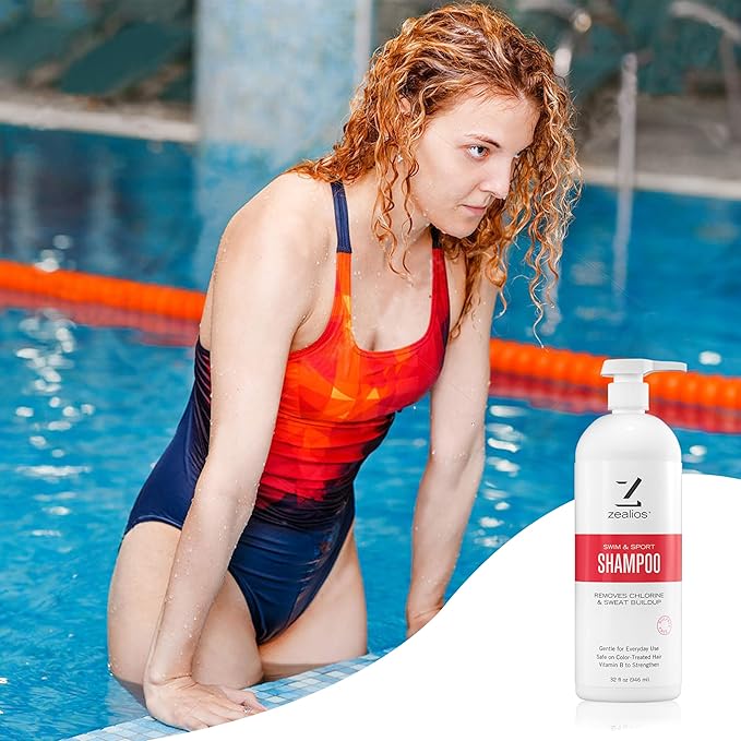 Zealios Swim & Sport Clarifying Shampoo, 32 oz Pump Bottle for Extremely Damaged Hair, Pool Hair Repair & Protector - Sulfate-Free, Moisturizing Chlorine & Salt Removal, Color-Safe, Citrus Scent
