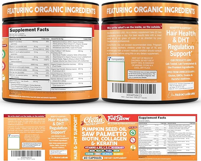 Clean Nutra Pumpkin Seed Oil Capsules + Saw Palmetto Biotin Collagen Keratin MSM Folate Hyaluronic Acid Supplements B12 Zinc Hair Supplement for Women Men Iodine 5-MTHF B-12 Vitamin B9-60 Pills