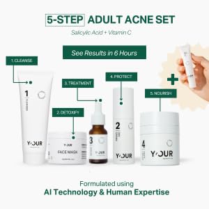 Y'OUR Acne Skincare Kit for Adults – 5-Step System with Cleanser, Day Cream, Serum, Night Cream & Mask – Fights Breakouts & Blemishes – Hydrating & Non-Comedogenic Formula