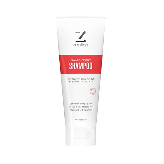 Zealios Swim & Sport Clarifying Shampoo, 8 oz Squeeze Tube for Extremely Damaged Hair, Pool Hair Repair & Protector - Sulfate-Free, Moisturizing Chlorine & Salt Removal, Color-Safe, Citrus Scent