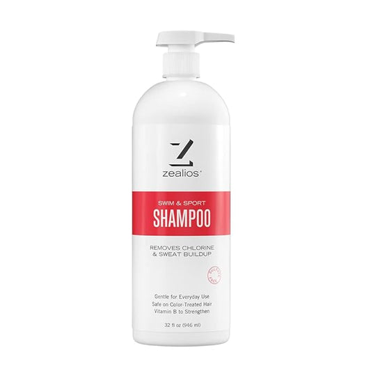 Zealios Swim & Sport Clarifying Shampoo, 32 oz Pump Bottle for Extremely Damaged Hair, Pool Hair Repair & Protector - Sulfate-Free, Moisturizing Chlorine & Salt Removal, Color-Safe, Citrus Scent