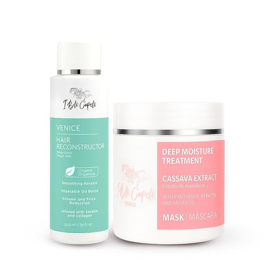I Belli Capelli Venice Smoothing Keratin Kit, Keratin Hair Treatment Straightening Set- Keratina Para Alisar El Pelo Sin Formol - Paso Unico & Hair Mask for Silky Soft Hair (500g)- (Pack of 2)