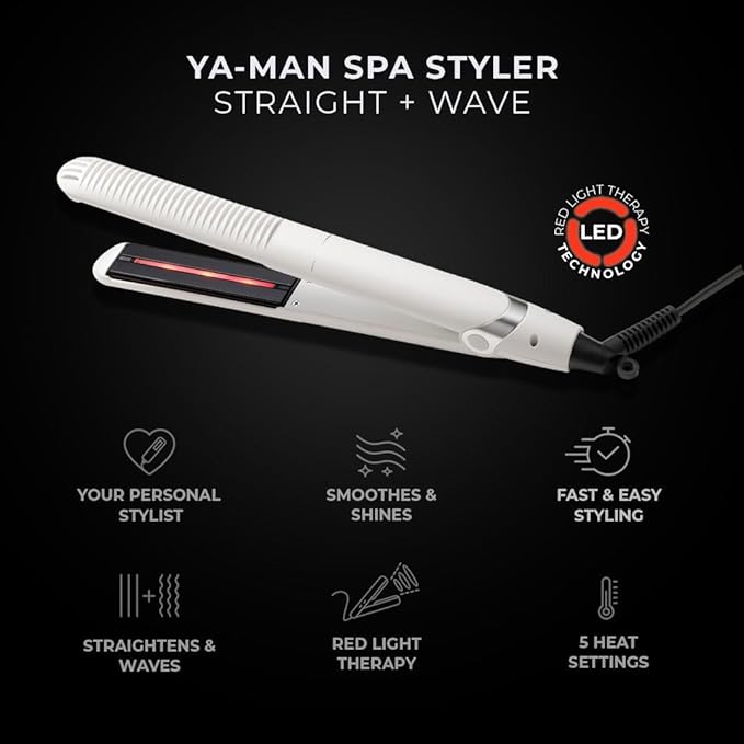 YA-MAN Spa Styler Straight + Wave Flat Iron Hair Straightener and Curler 2 in 1 - Advanced Japanese Technology, Dual Voltage, Titanium Tourmaline Plates with Red Light Therapy, 5 Heat Settings (White)