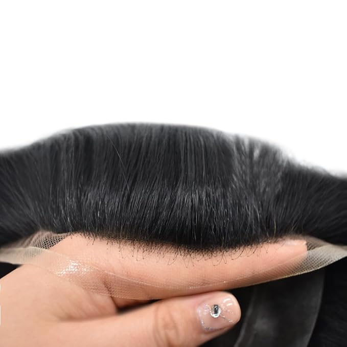 Toupee For Men Real Human Hair System For Men Full Swiss Lace Mens Toupee Lace Hair Piece For Men Hair System Bleached Knots 8x10-80% light density1B# OFF BLACK