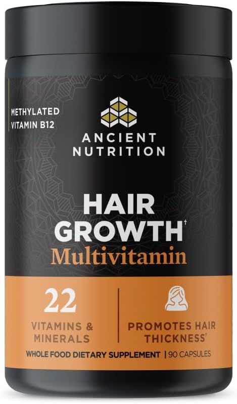 Ancient Nutrition Hair Growth Multivitamin – Supports Thicker Hair, Less Shedding, Smoother Skin & Stronger Nails – with Solubilized Keratin, Powered by Peptides, 22 Vitamins & Minerals – 30 Servings
