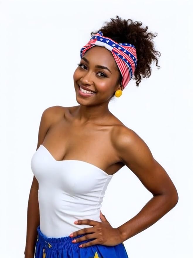 1 Pack Boho Headbands Stretch Paisley Print Bandana Headband Criss Cross Hair Bands Knotted Head Wrap Yoga Daily for Women and Girls (Blue Flag)