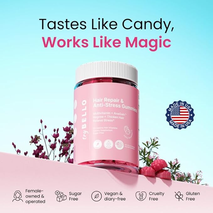 Trybello Anti-Stress & Hair Growth Gummies for Women | Sugar-Free, Vegan Hair Supplements | Gluten-Free, Soy-Free, Dairy-Free Gummy Vitamins for Thicker, Healthier Hair | 30 Servings