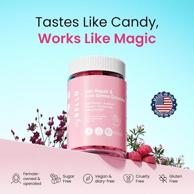 Trybello Anti-Stress & Hair Growth Gummies for Women | Sugar-Free, Vegan Hair Supplements | Gluten-Free, Soy-Free, Dairy-Free Gummy Vitamins for Thicker, Healthier Hair | 60 Servings | 2 Pack Combo