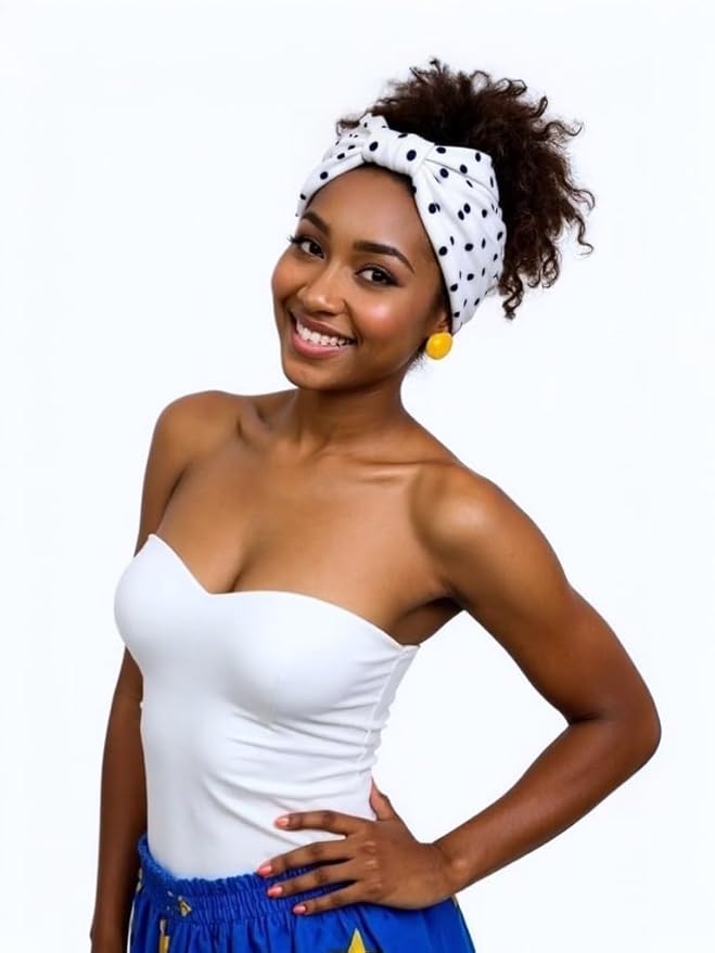 1 Pack Boho Headbands Stretch Paisley Print Bandana Headband Criss Cross Hair Bands Knotted Head Wrap Yoga Daily for Women and Girls (Polka Dot White)