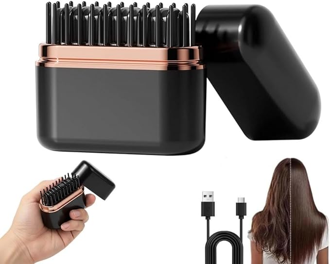 Mini Hair Straightener Brush, Rechargeable Portable Mini Straightening Comb, 3-Speed Temperature Control, Travel Size Pocket Hair Straightener for Women (Black)