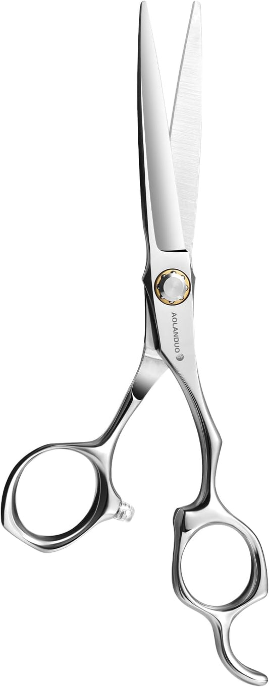 AOLANDUO Convex Edge Hair Cutting Scissors 6" Japanese VG10 Steel, Professional Salon Shears, Offset Handle, Ergonomic, Includes Case & Accessories, Silver White, 1 Count