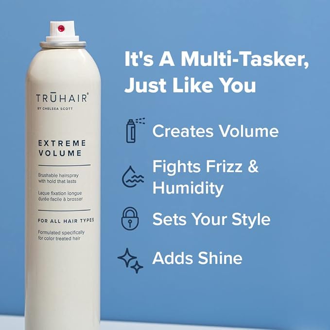Truhair Extreme Volume Brushable Hairspray with Panthenol | Fights Frizz & Humidity | Extra Hold Hair Spray for Women | Buildable, Non Sticky, Unscented for All Hair Types | Travel Size (10 Oz)