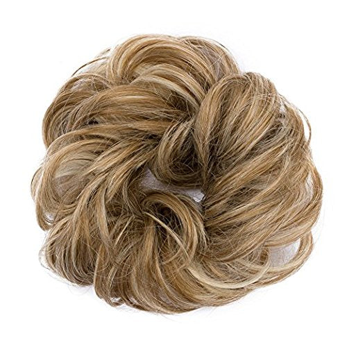 Benehair Messy Bun Hair Piece Scrunchy Updo Hair Pieces for Women Fluffy Wavy Hair Bun Scrunchies Donut Hairpiece Synthetic Chignons With Elastic Rubber Band Light Ash Brown & Bleach Blonde 2pcs 50g