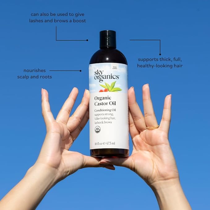 Sky Organics Castor Oil - USDA Certified Organic Hair Oil for Hair Growth, Skin, Face, Eyelashes - Cold Pressed & Hexane Free - Pure Organic Castor Oil Pack Wrap - Carrier & Hair Treatment Oil