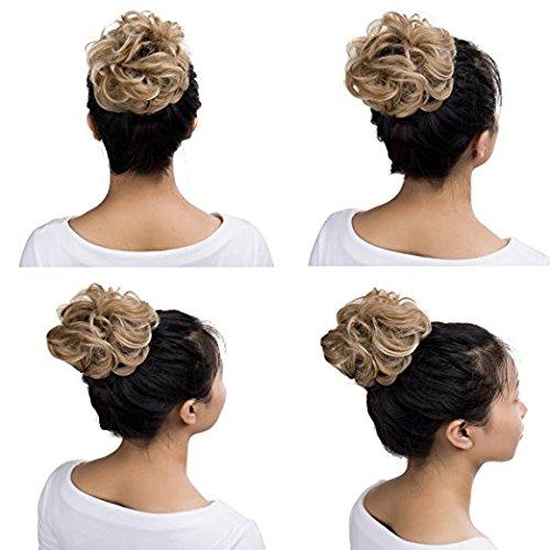 Benehair Messy Bun Hair Piece Scrunchy Updo Hair Pieces for Women Fluffy Wavy Hair Bun Scrunchies Donut Hairpiece Synthetic Chignons With Elastic Rubber Band Light Ash Brown & Bleach Blonde 2pcs 50g