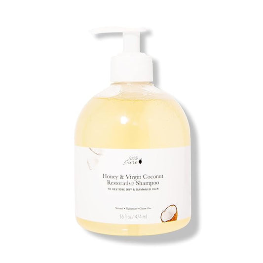 100% PURE Honey & Virgin Coconut Restorative Shampoo & Cleansing Detox Helps Restore Damaged Hair, Replenish Moisture & Body Healthy Hair Growth for Women & Men - Sulfate Free - 16 Fl Oz