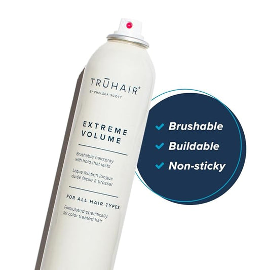 Truhair Extreme Volume Brushable Hairspray with Panthenol | Fights Frizz & Humidity | Extra Hold Hair Spray for Women | Buildable, Non Sticky, Unscented for All Hair Types | Travel Size (10 Oz)