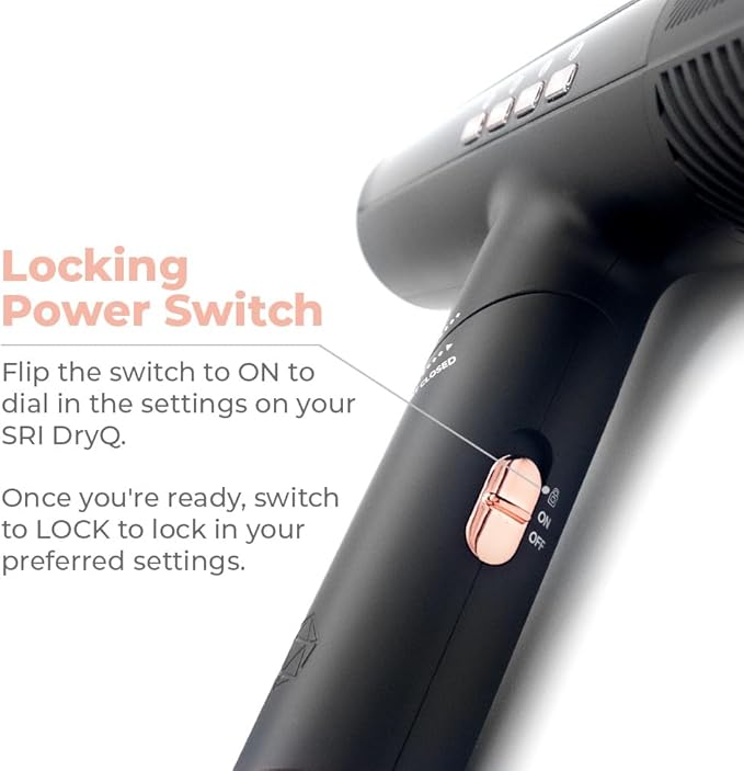 SRILabs DryQ “Smart” Hair Dryer - Super Lightweight, Foldable - Powerful, Quiet Motor - Infrared and Ionic Technology - 3 Magnetic Attachments - Heat Control with Locking Switch