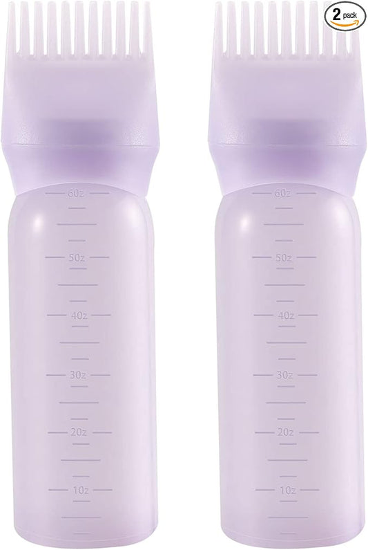 Pimoys Root Comb Applicator Bottle 6 Ounce Hair Oil Applicator 2 Pack Applicator Bottle for Hair Dye Bottle Applicator Brush with Graduated Scale, Purple